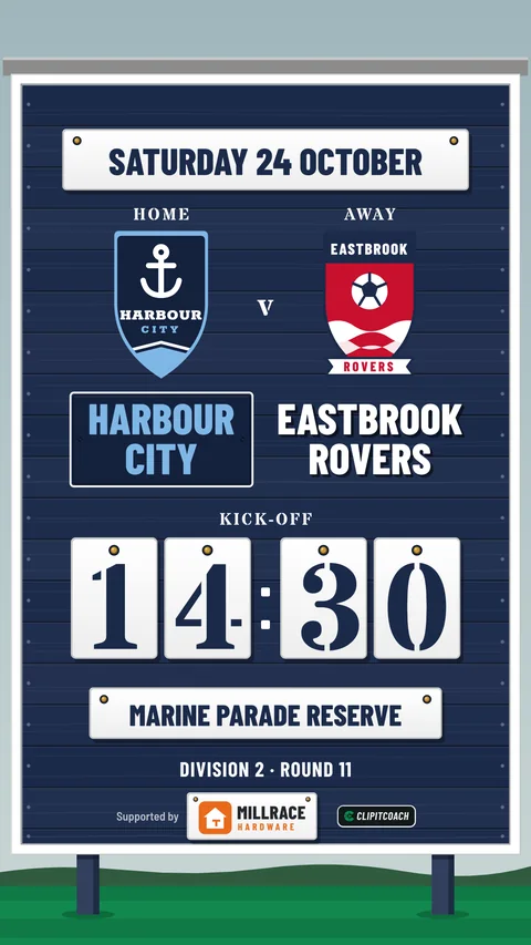 A fixture post in the Scoreboard look: Harbour City at home to Eastbrook Rovers on Saturday 24 October, kick-off 14:30 on the tins, at Marine Parade Reserve, Division 2, Round 11