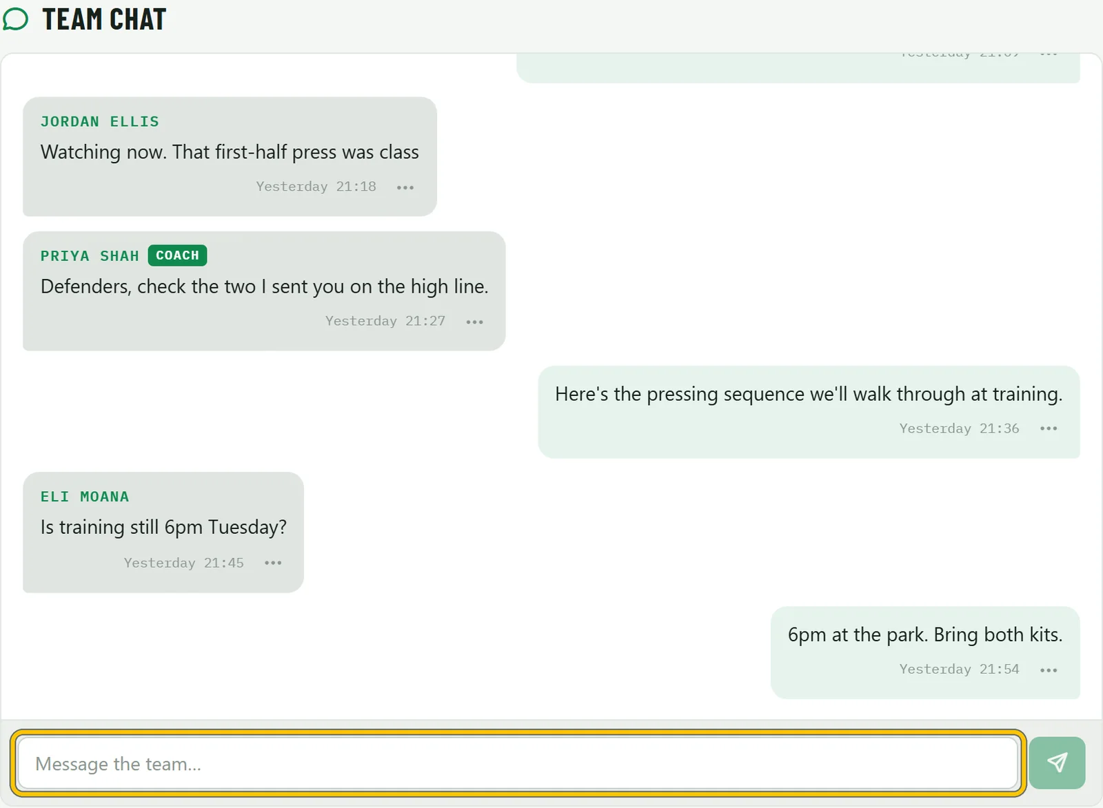 Team chat with messages from players and coaches