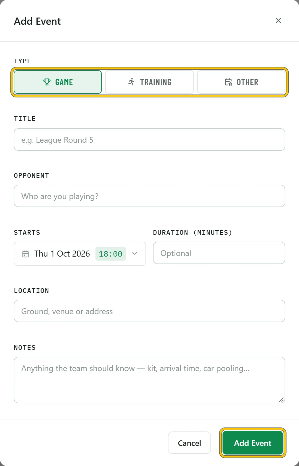 The Add Event dialog: type, title, opponent, start time, duration, location and notes