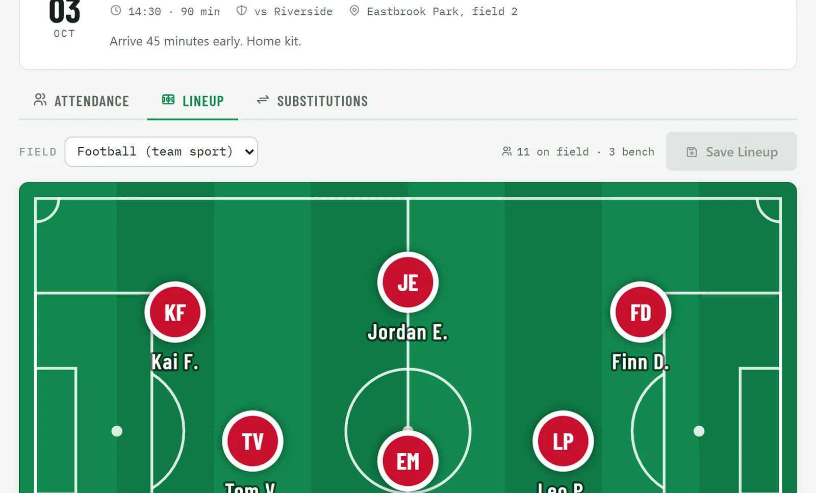 The lineup with players placed on the pitch
