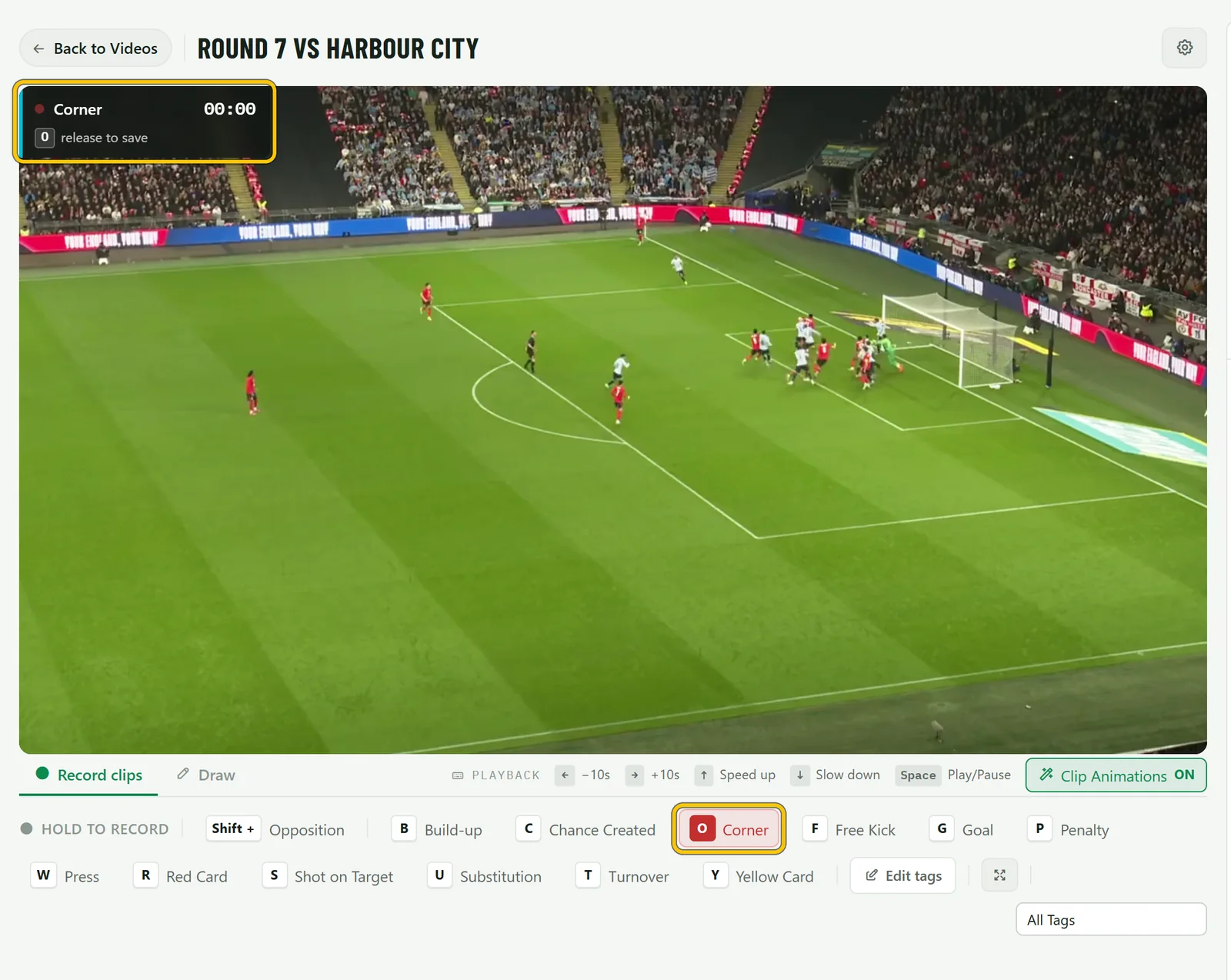 Recording a corner: Corner 00:02, release to save, with the O key highlighted