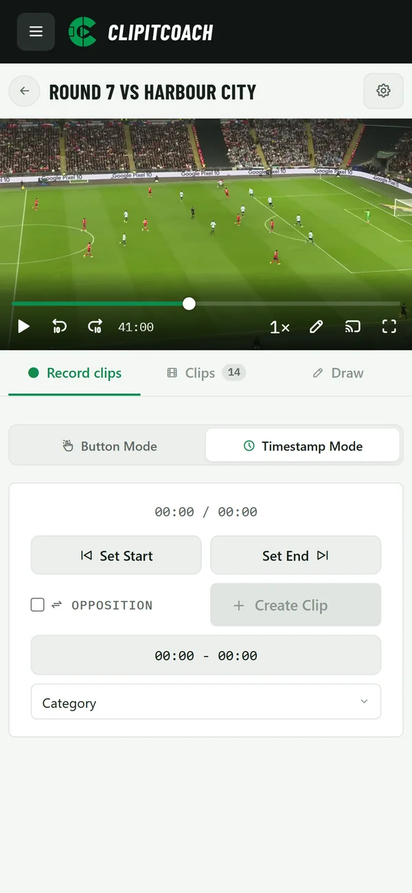 Timestamp Mode on a phone: Set Start, Set End and Create Clip