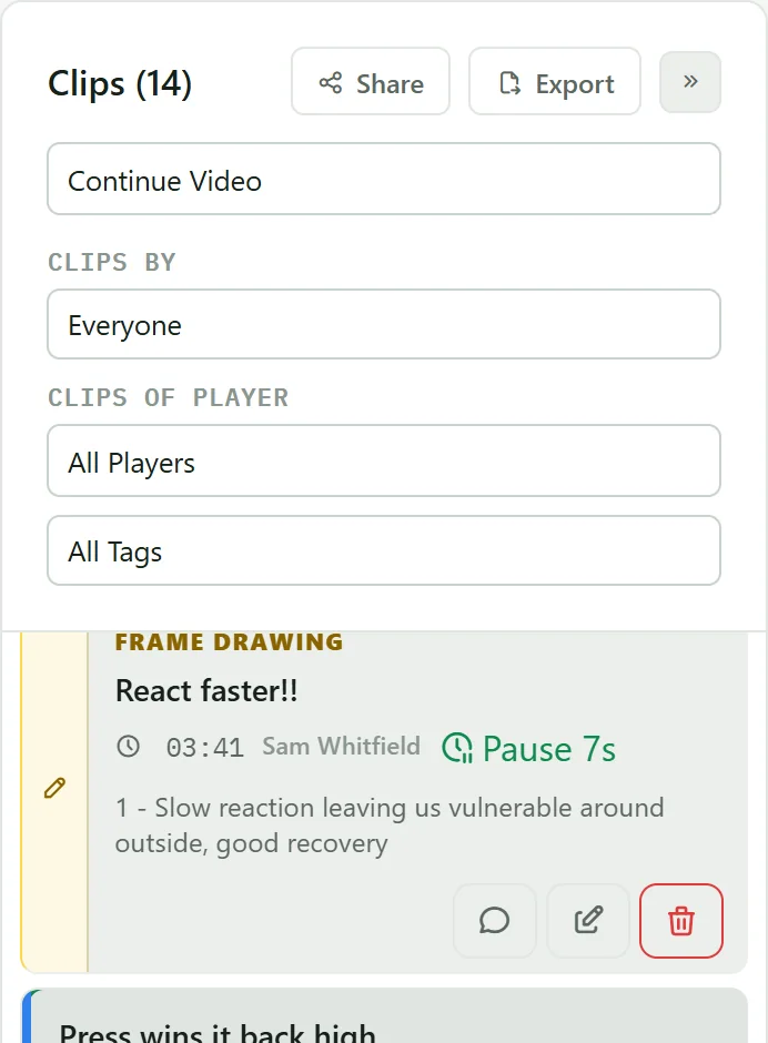 The clips list with filters for who made the clip, player and tag