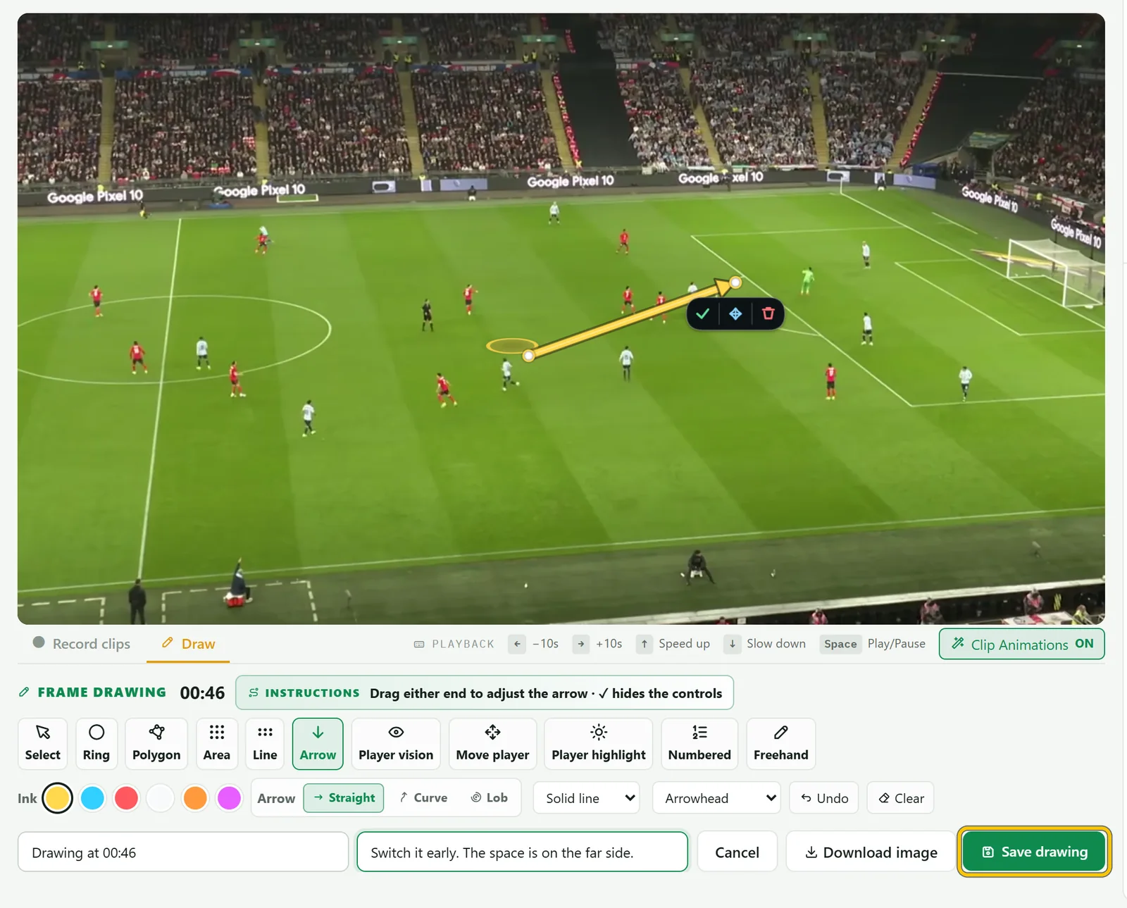 A ring around a player and an arrow showing the switch of play, with a coaching note and Save drawing
