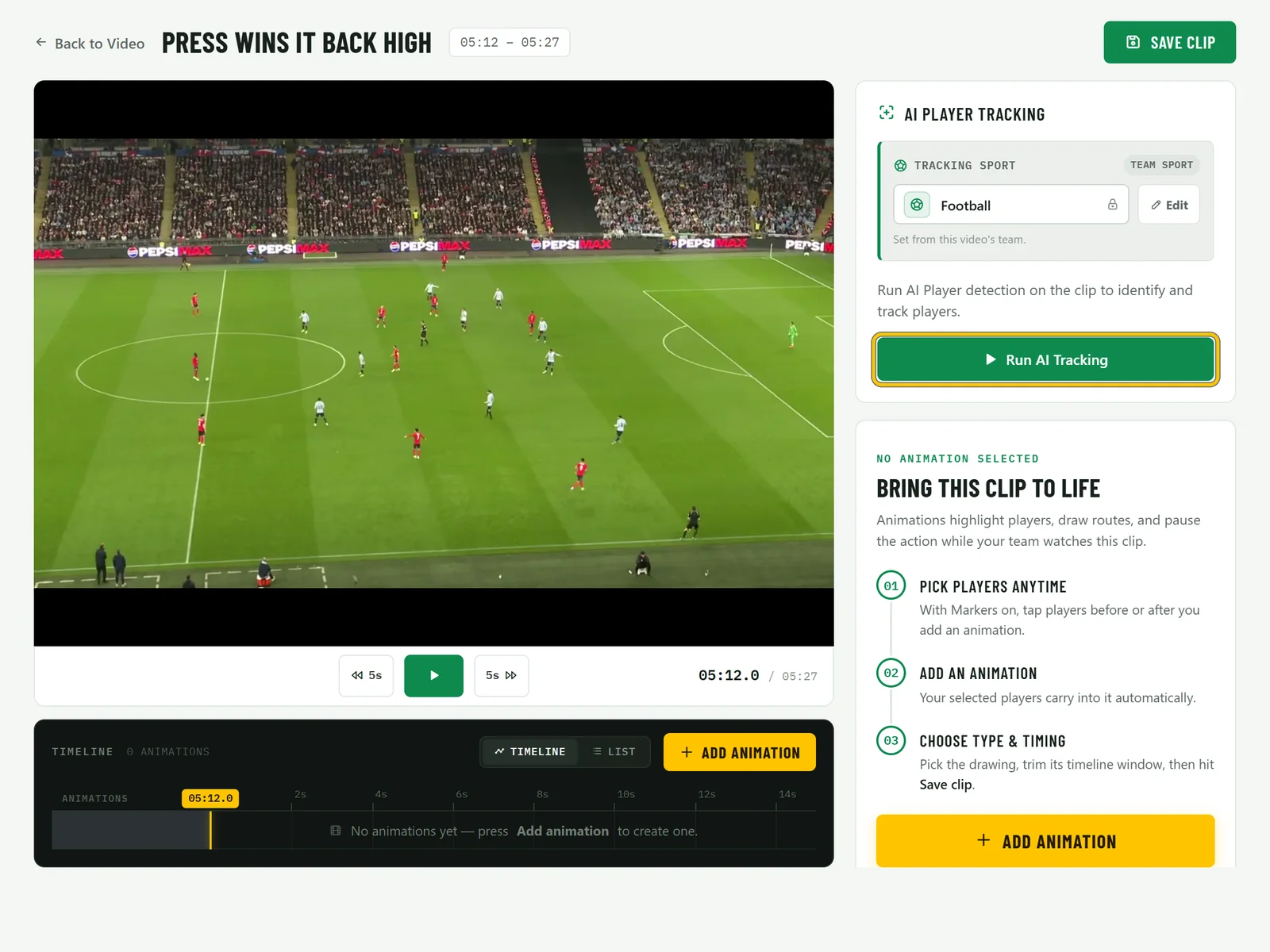 The clip editor with the AI Player Tracking panel and a Run AI Tracking button