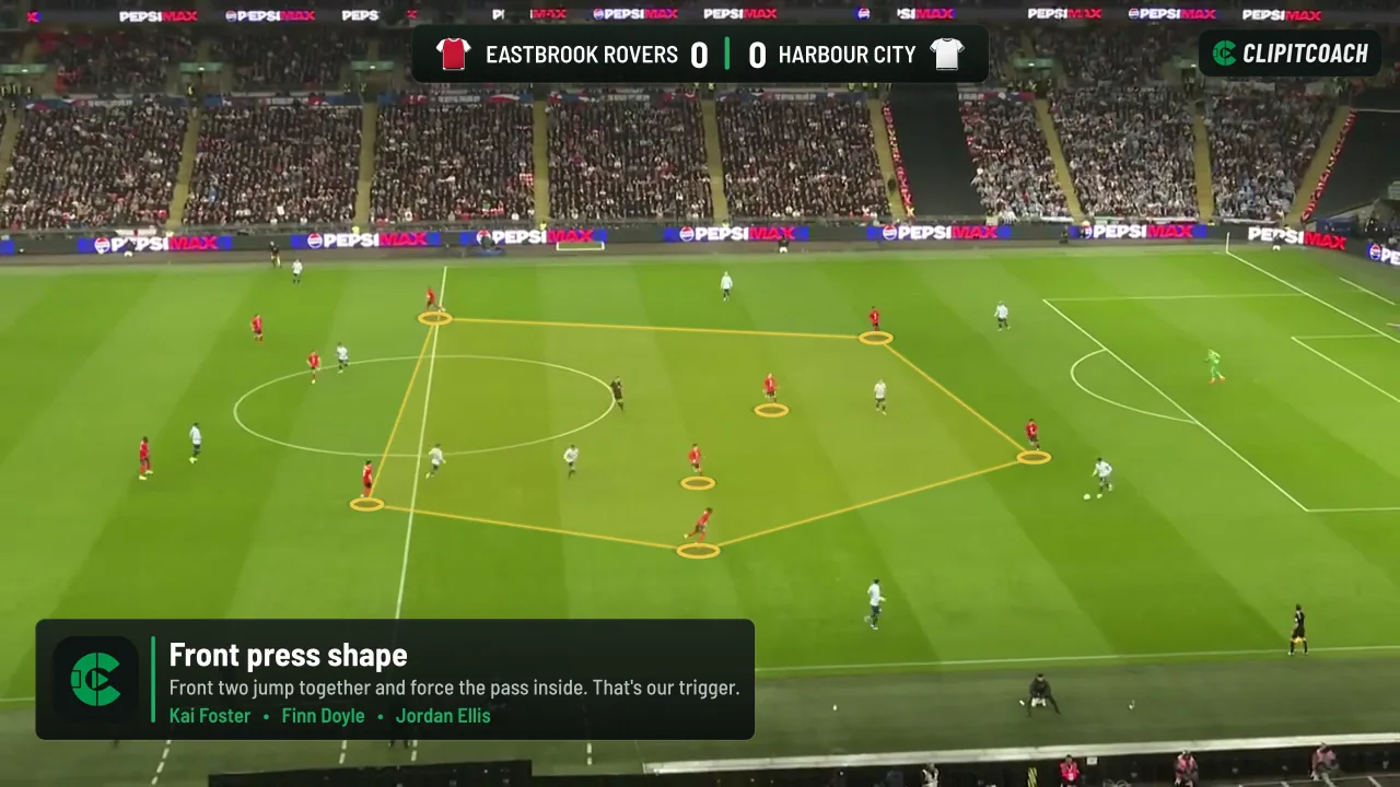 An exported clip with the tracked pressing shape, a scoreboard and the clip banner