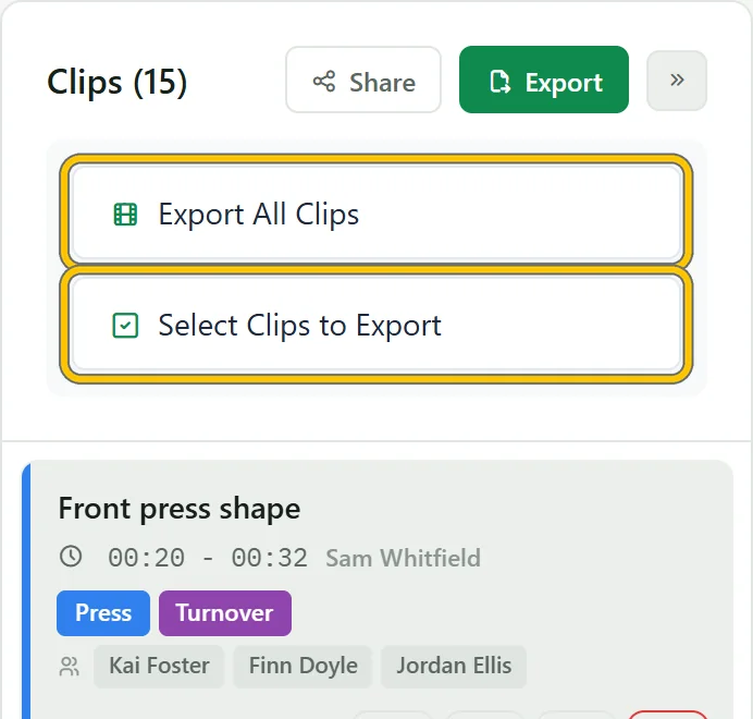 The Export menu: Export All Clips or Select Clips to Export