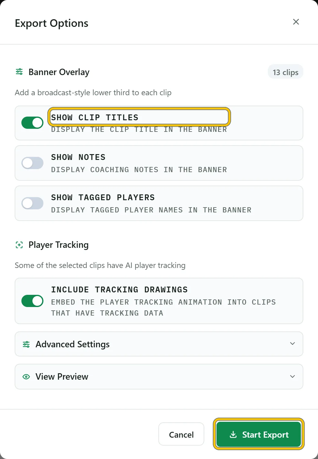 Export options: show clip titles, notes and tagged players, and include tracking drawings