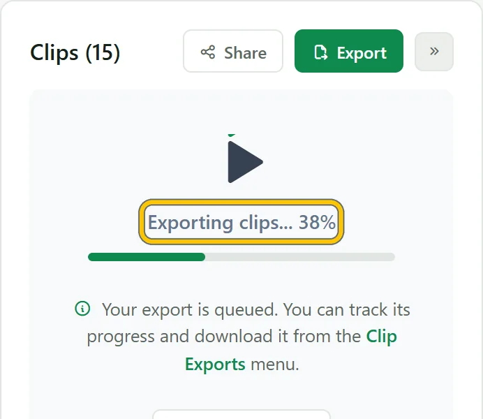 Exporting clips, 38 percent