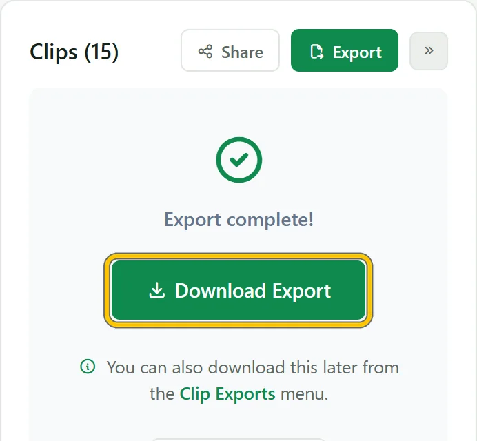 Export complete, with a Download Export button