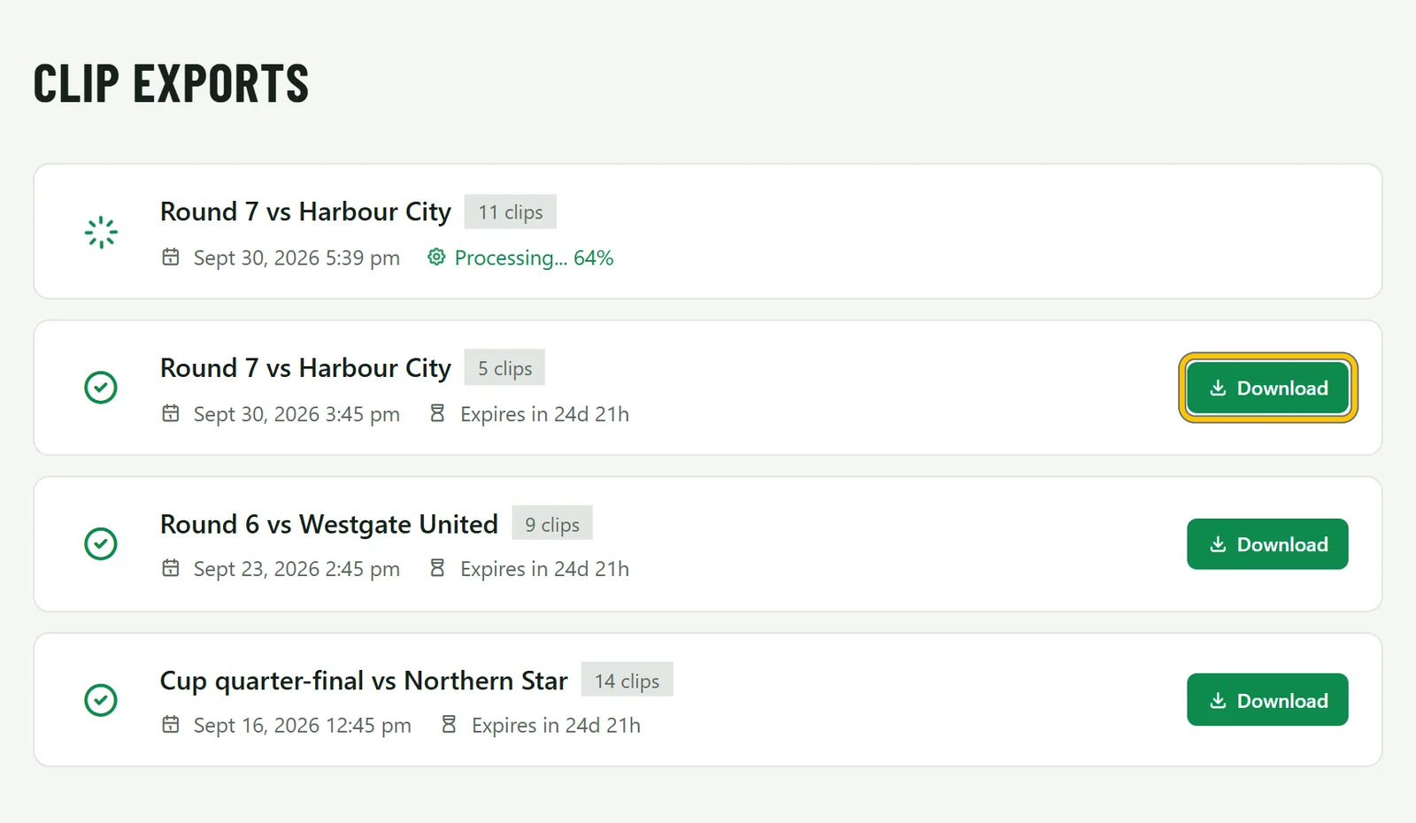 The Clip Exports page with one export rendering and three ready to download