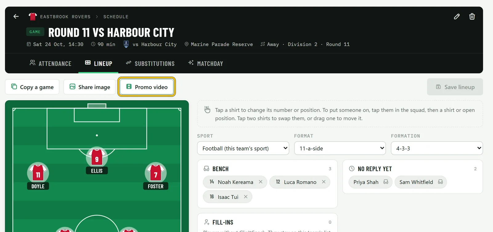 A game’s Lineup tab with a saved 4-3-3, and Promo video in the toolbar beside Copy a game and Share image