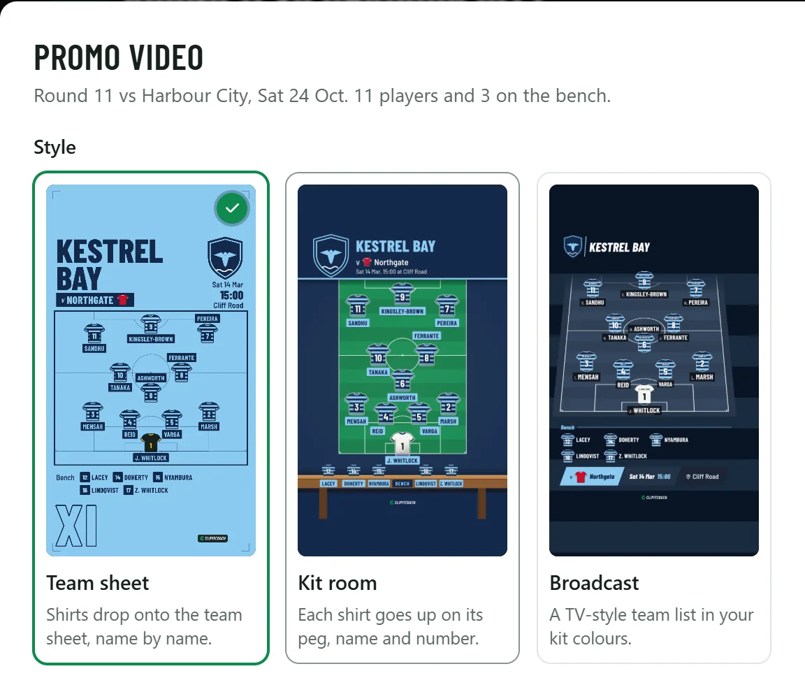 The Promo video dialog with three styles: Team sheet, Kit room and Broadcast, each playing a sample