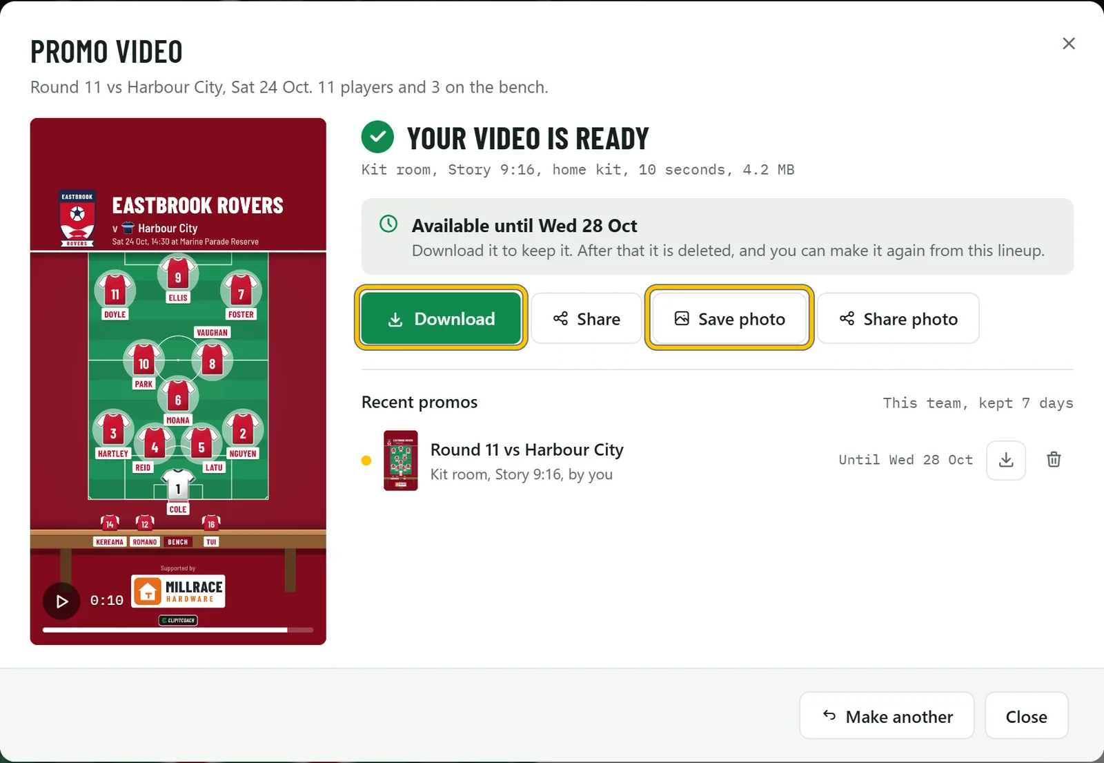 Your video is ready: the Kit room video of Eastbrook Rovers, with Download, Share, Save photo and Share photo