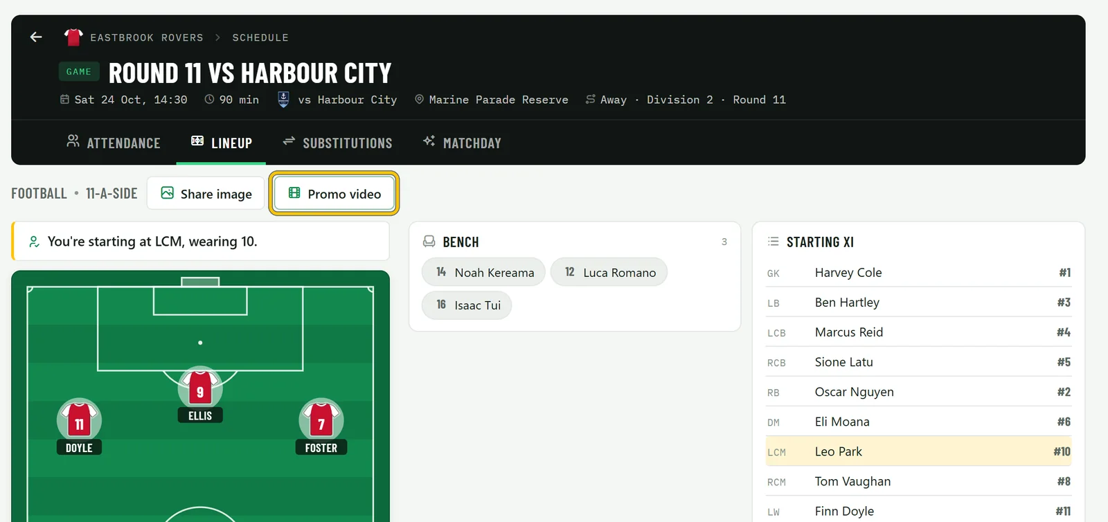 A player’s Lineup tab: You’re starting at LCM, wearing 10, with Share image and Promo video