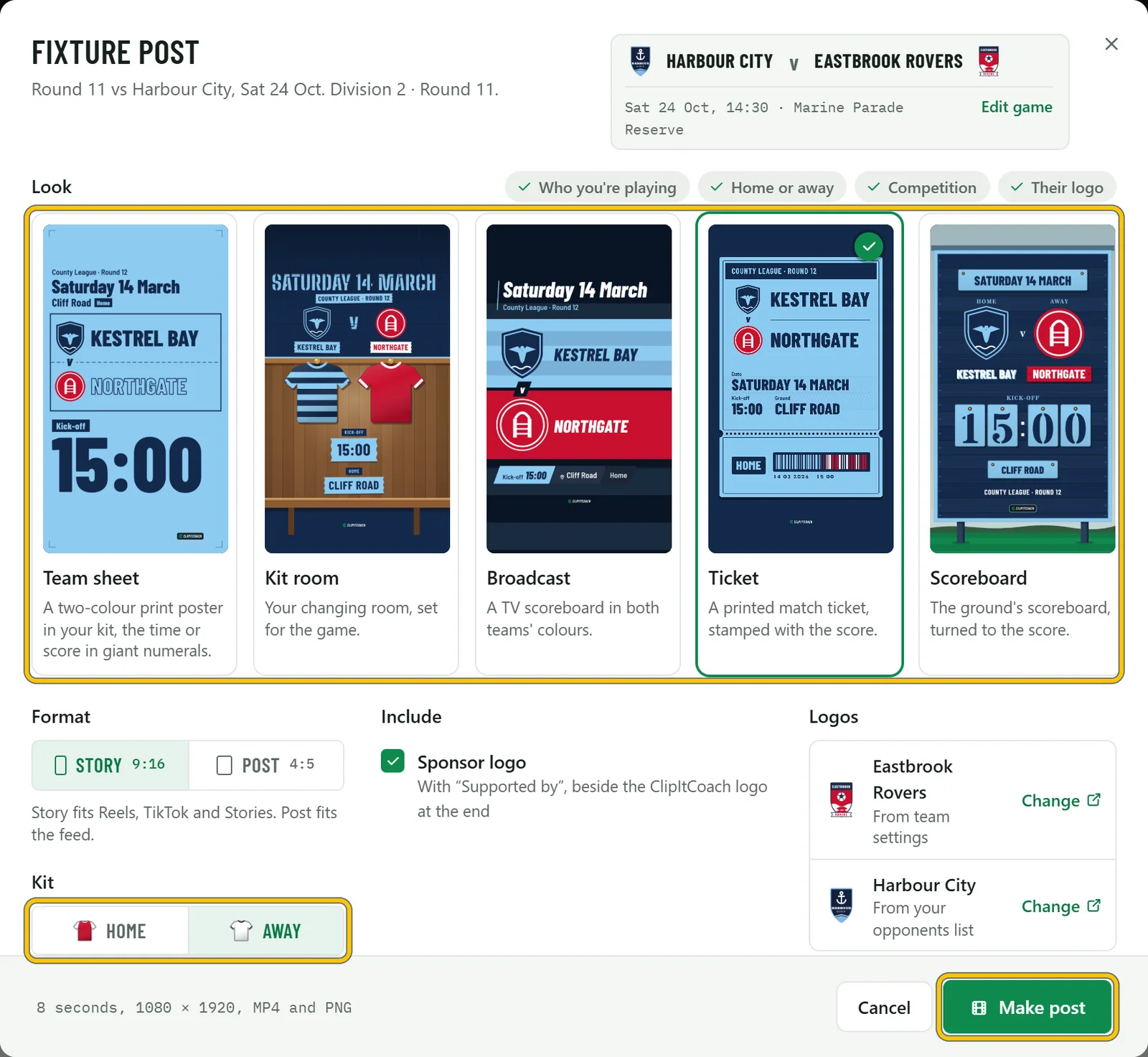 The Fixture post dialog: Harbour City v Eastbrook Rovers, five looks with Ticket picked, the Story format, the away kit and Make post