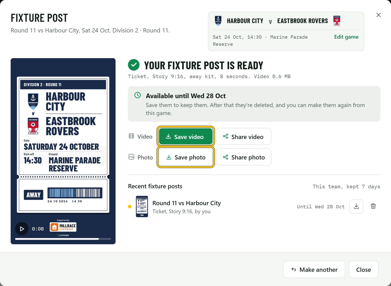 Your fixture post is ready: the Ticket post for Harbour City v Eastbrook Rovers, with Save video, Share video, Save photo and Share photo