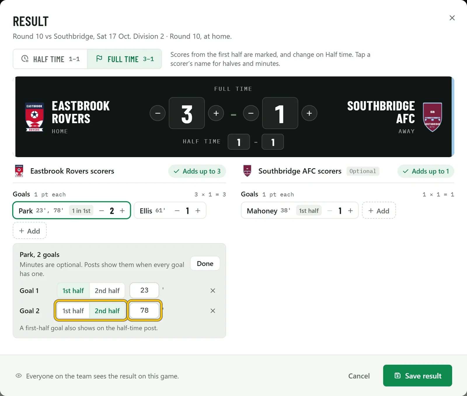 The Result dialog at full time, 3–1 with 1–1 at half time, and Park’s two goals marked 1st half at 23 minutes and 2nd half at 78