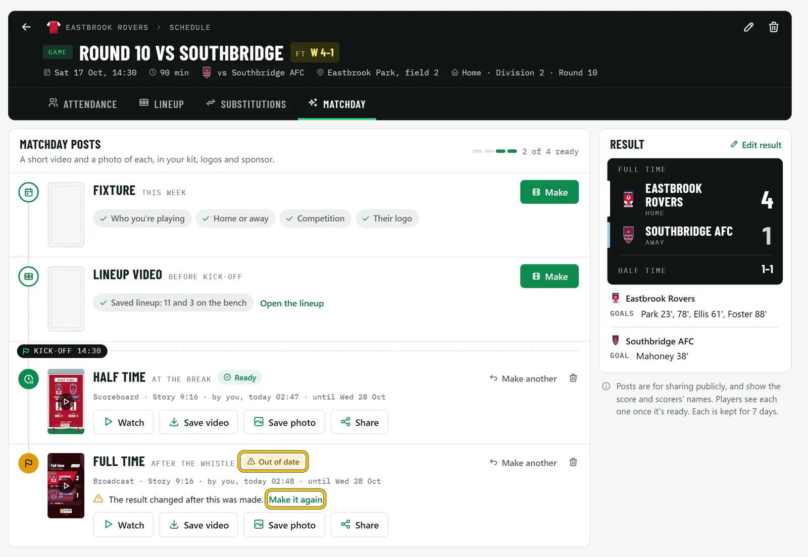 The full-time post marked Out of date after the score changed to 4–1, with The result changed after this was made and Make it again