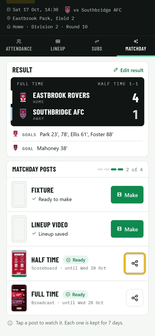 The Matchday tab on a phone: the result, then the posts with a share button on each ready one