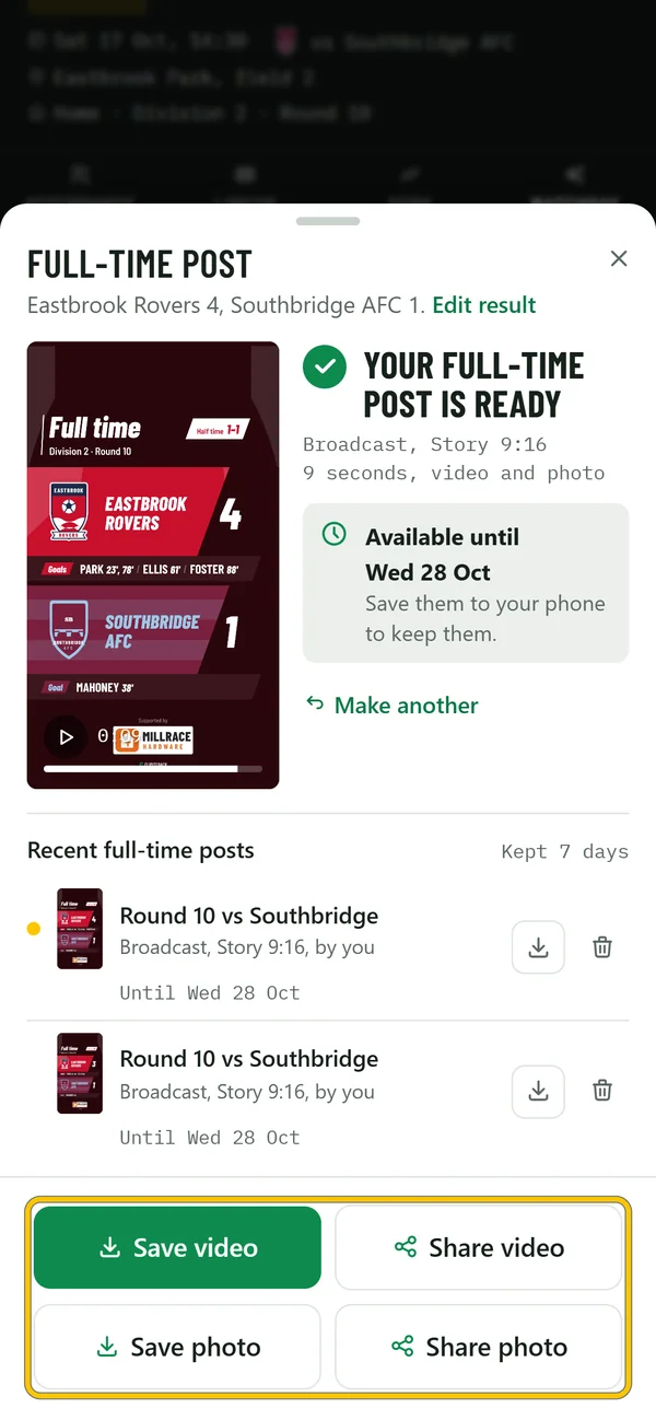 The full-time post opened on a phone, with Save video, Share video, Save photo and Share photo