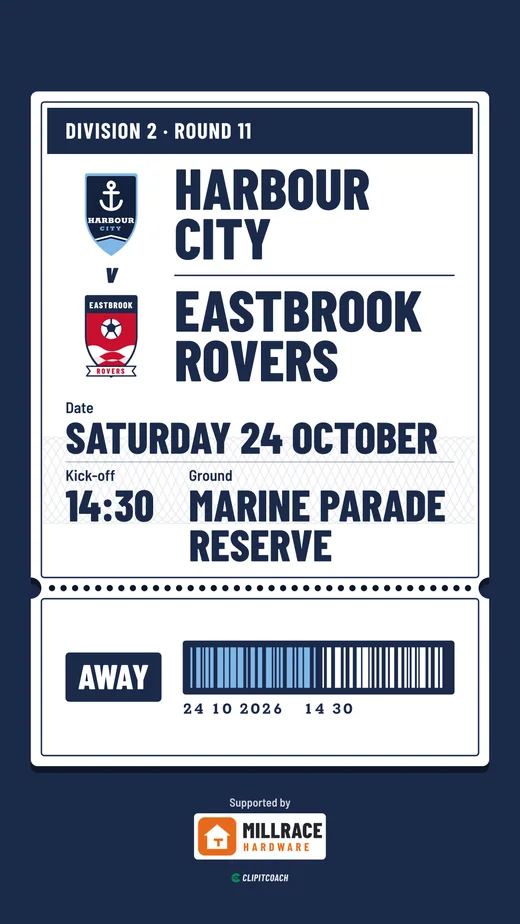 The Ticket fixture post: Harbour City v Eastbrook Rovers, Saturday 24 October, kick-off 14:30 at Marine Parade Reserve
