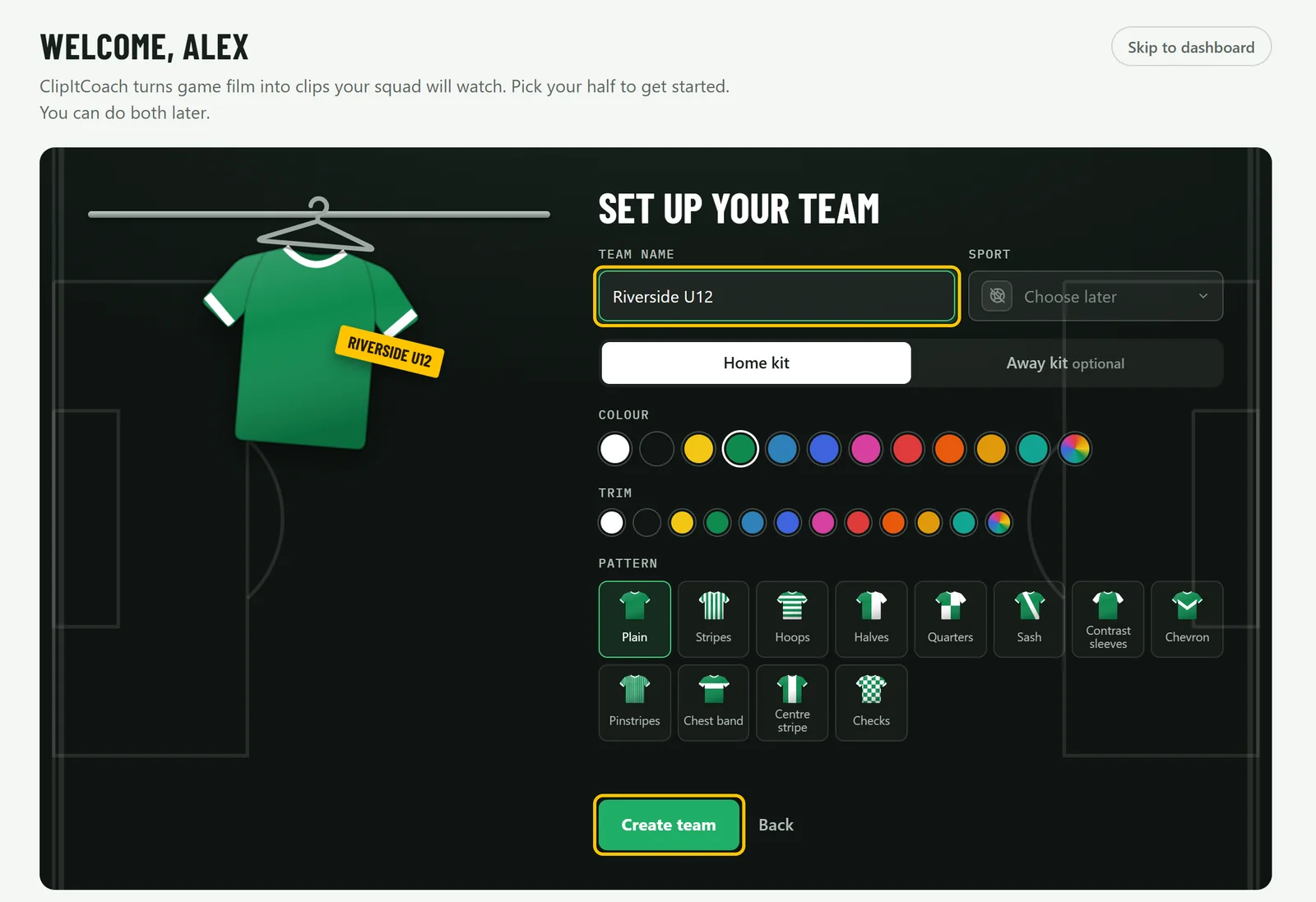 Setting up a team: team name, sport, home kit colours and shirt patterns