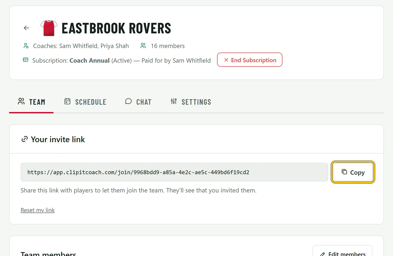 The team page with the coach’s invite link and a Copy button