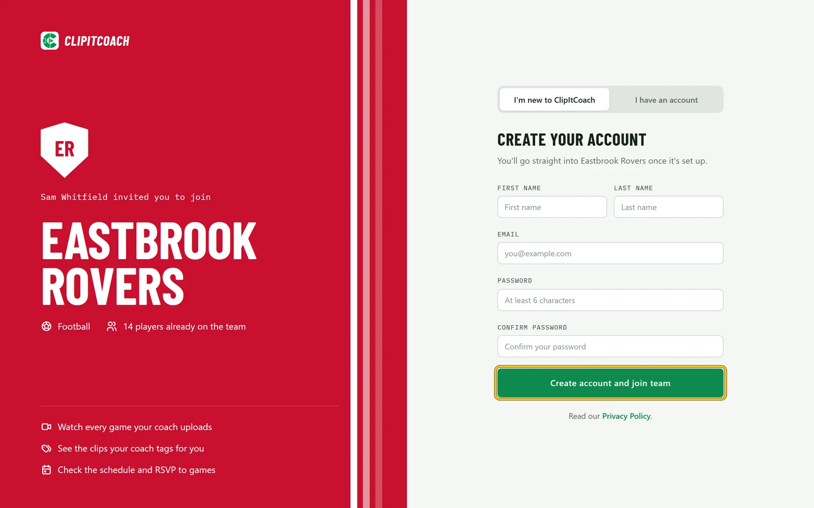 The join page: Sam Whitfield invited you to join Eastbrook Rovers, with a form to create an account