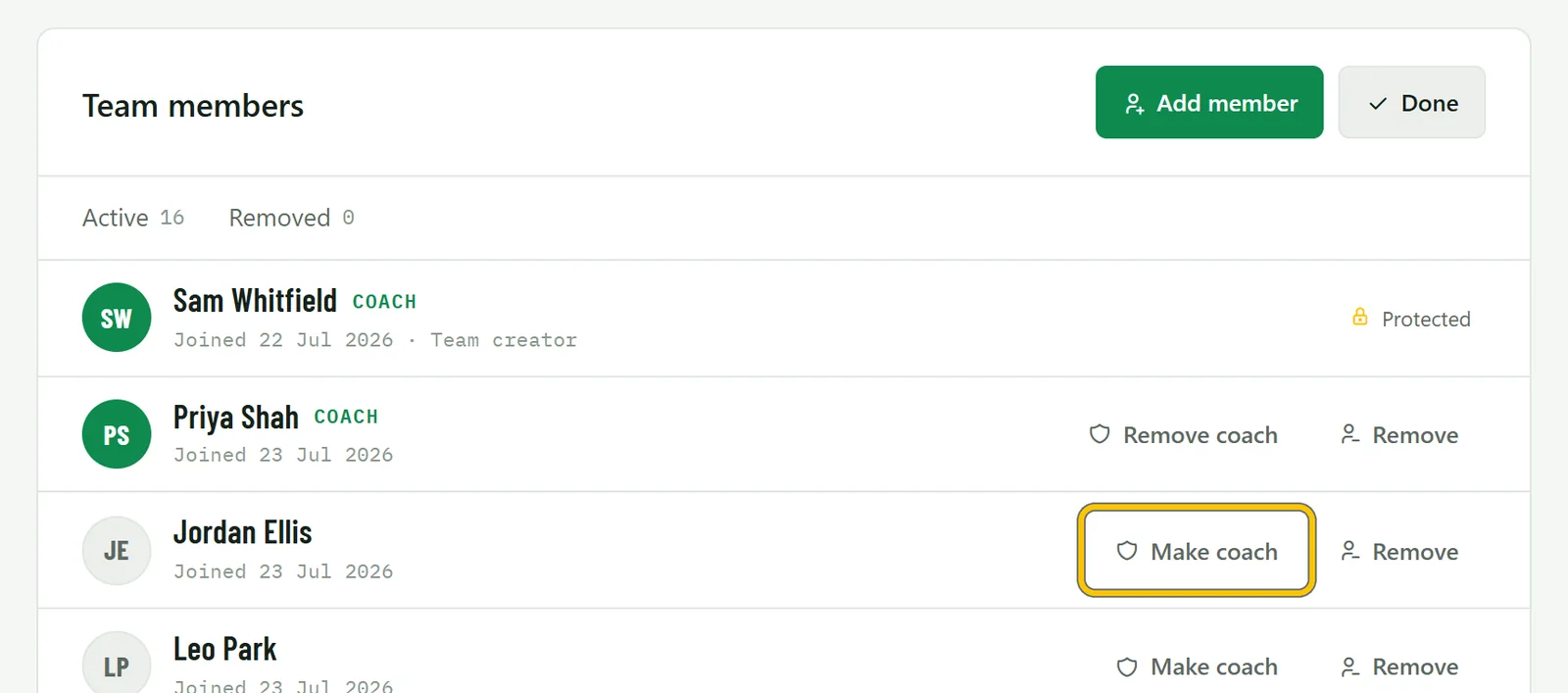 Editing team members, with Make coach and Remove next to each person