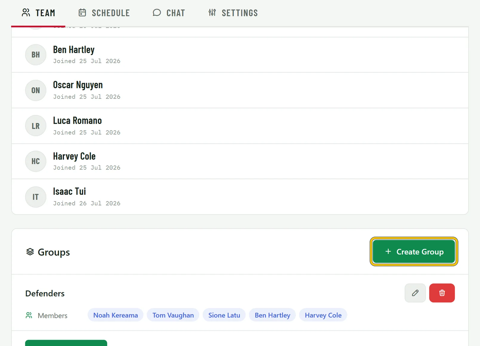 The Groups section of the team page with a Defenders group and a Create Group button