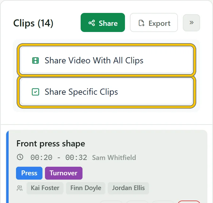 The Share menu: Share Video With All Clips or Share Specific Clips
