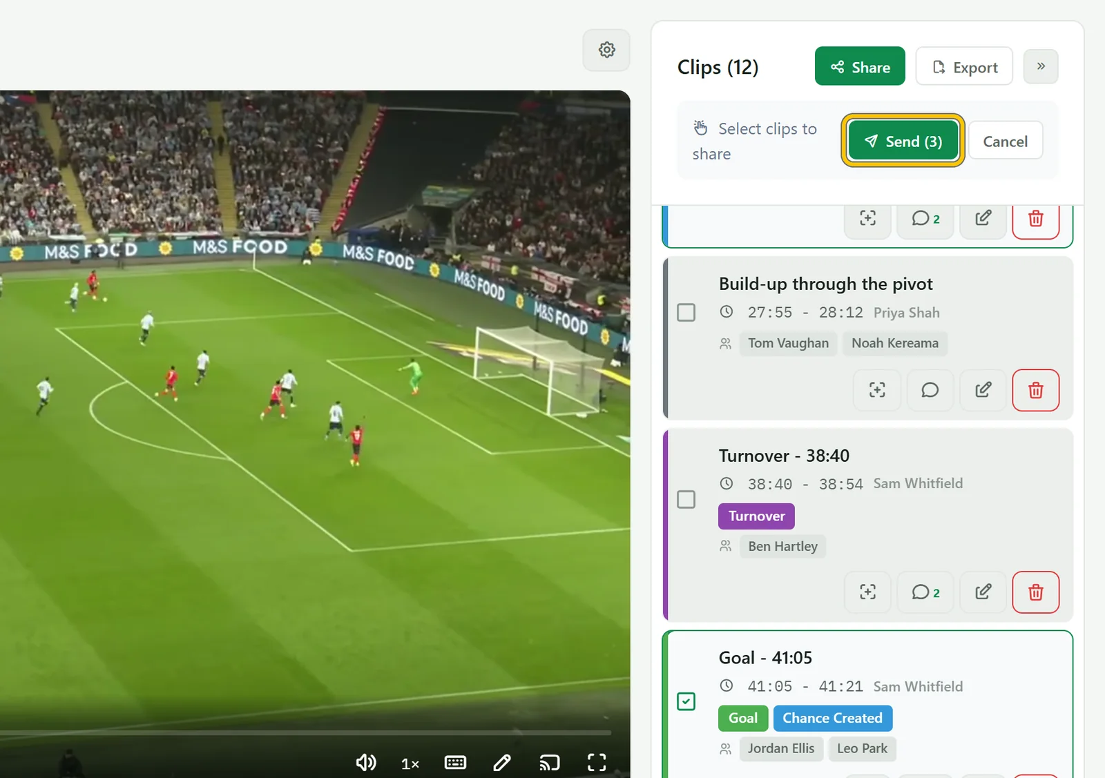 Three clips ticked in the clips list and a Send (3) button