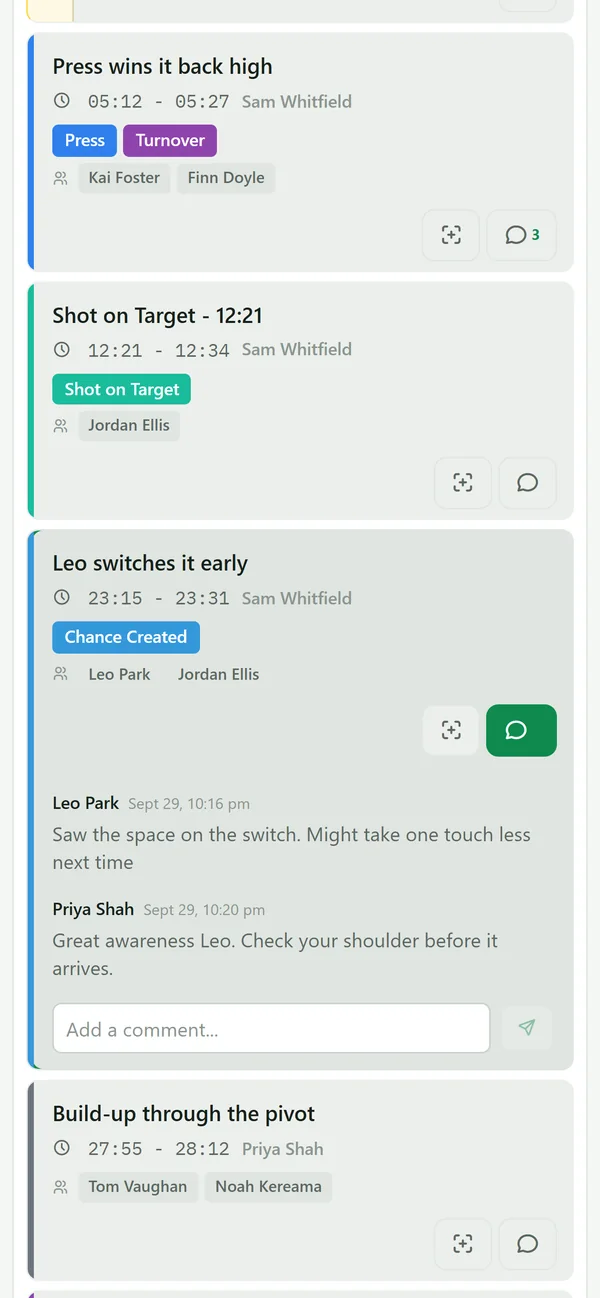 A clip’s comments on a phone: a coach and players talking it through