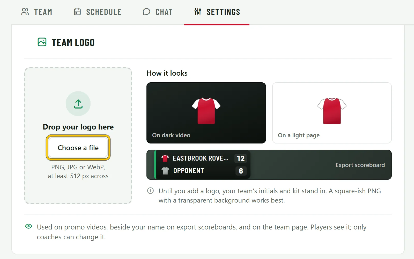 The Team logo card on the team’s Settings, with Drop your logo here and Choose a file