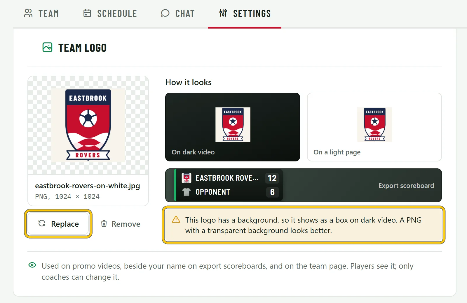 The Eastbrook Rovers crest uploaded with a white background, shown boxed on dark video, with a warning and a Replace button