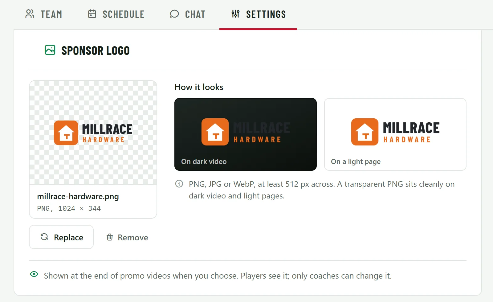 The Sponsor logo card with a hardware store’s logo, shown on dark video and on a light page