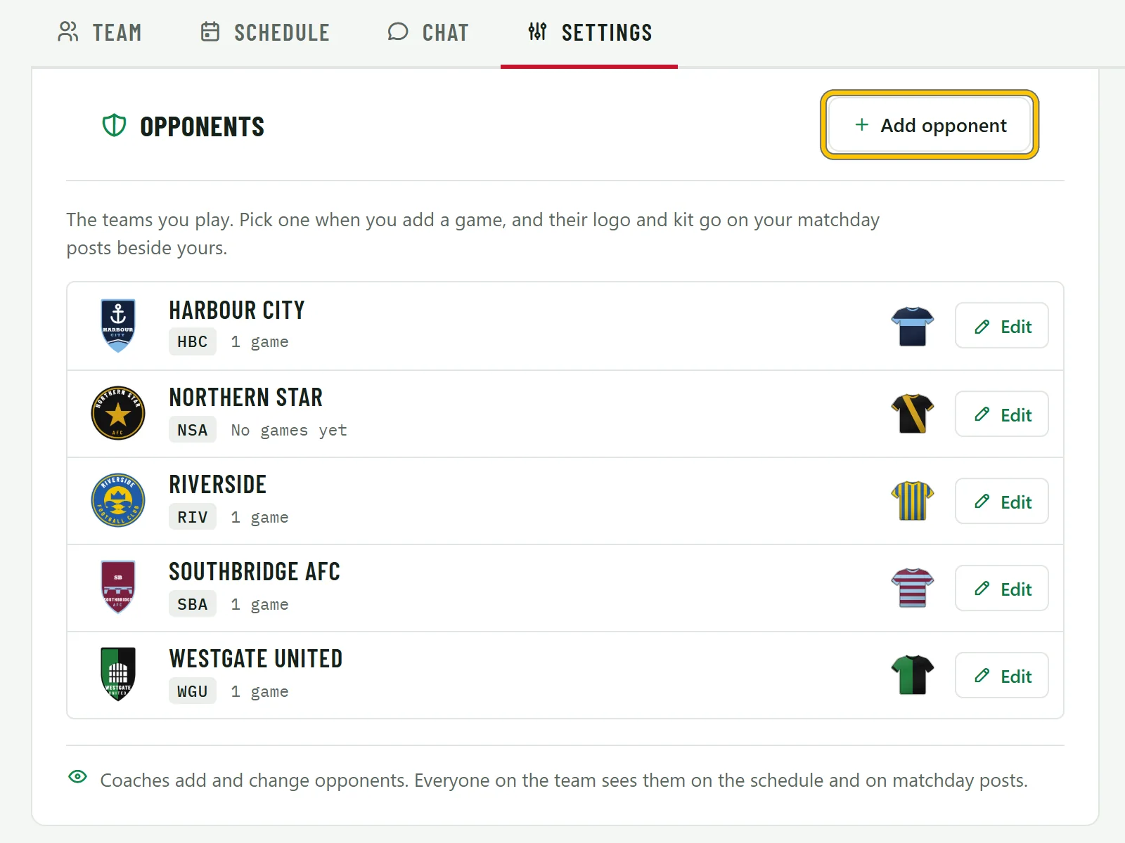 The Opponents card listing five teams with their crests, short names, games and kits, and an Add opponent button