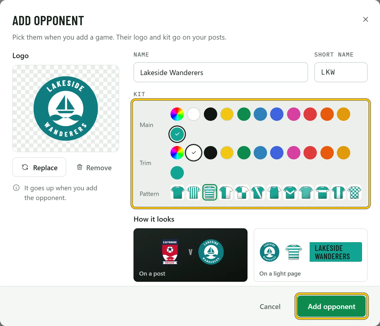 Adding Lakeside Wanderers: name, short name LKW, a teal and white hooped kit, their logo, and how it looks on a post and a light page