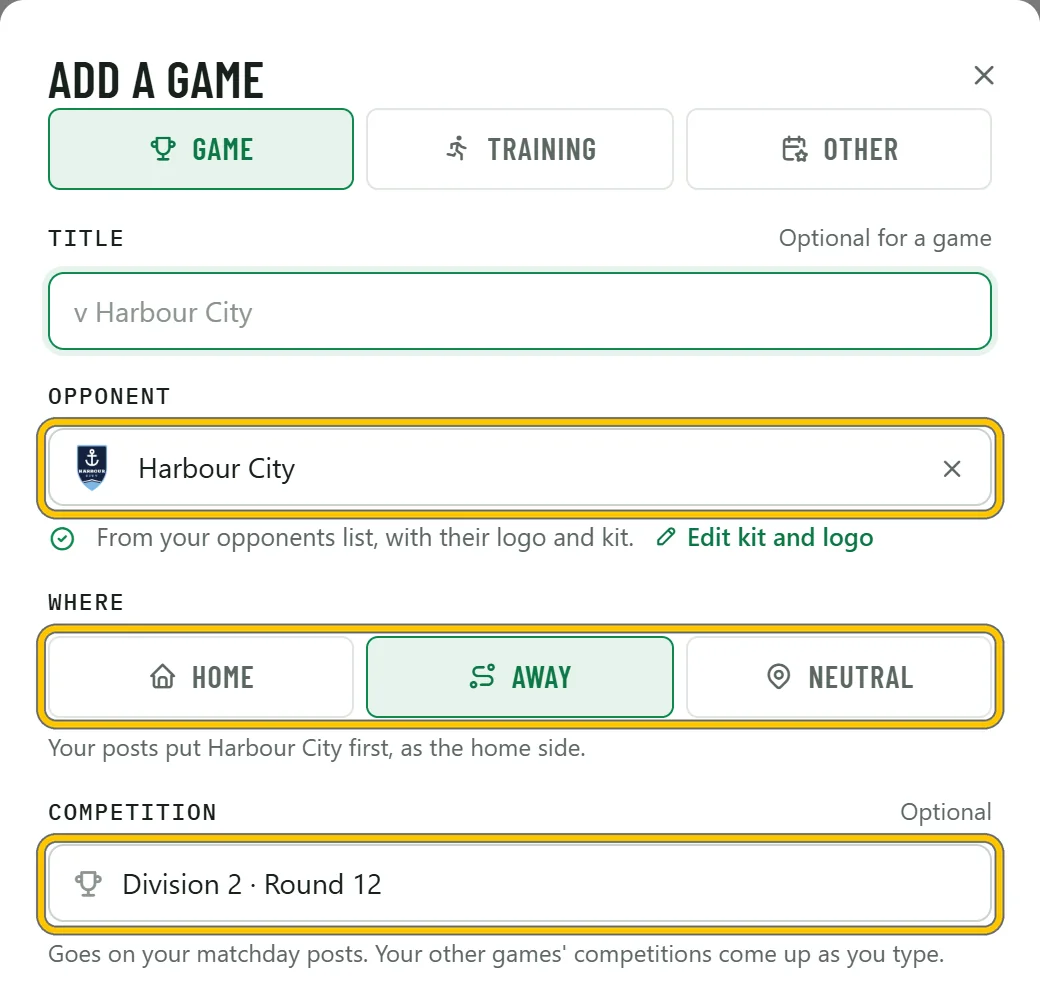 Adding a game against Harbour City, picked from the opponents list, with Away chosen and the competition Division 2, Round 12