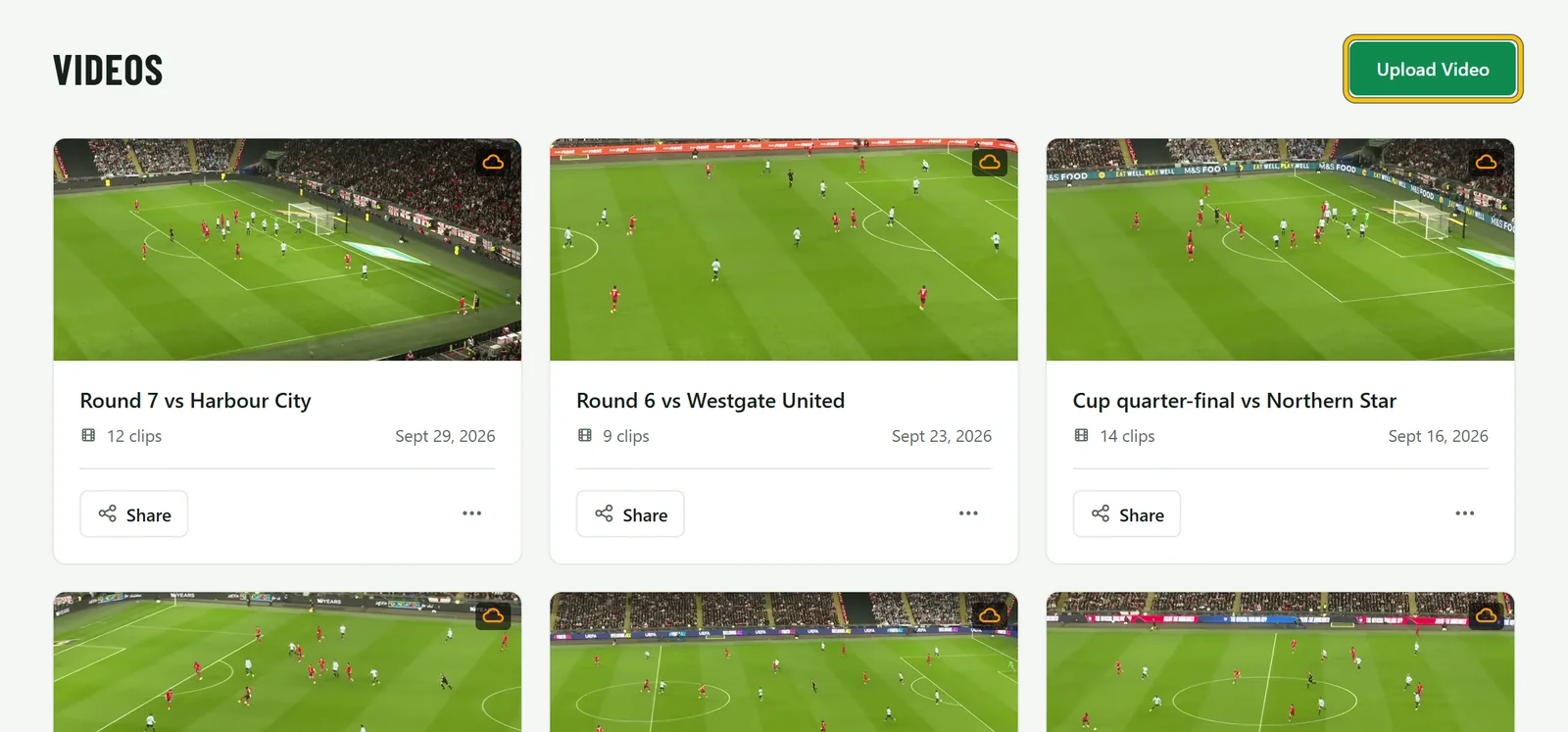 The Videos page with the team’s games and an Upload Video button