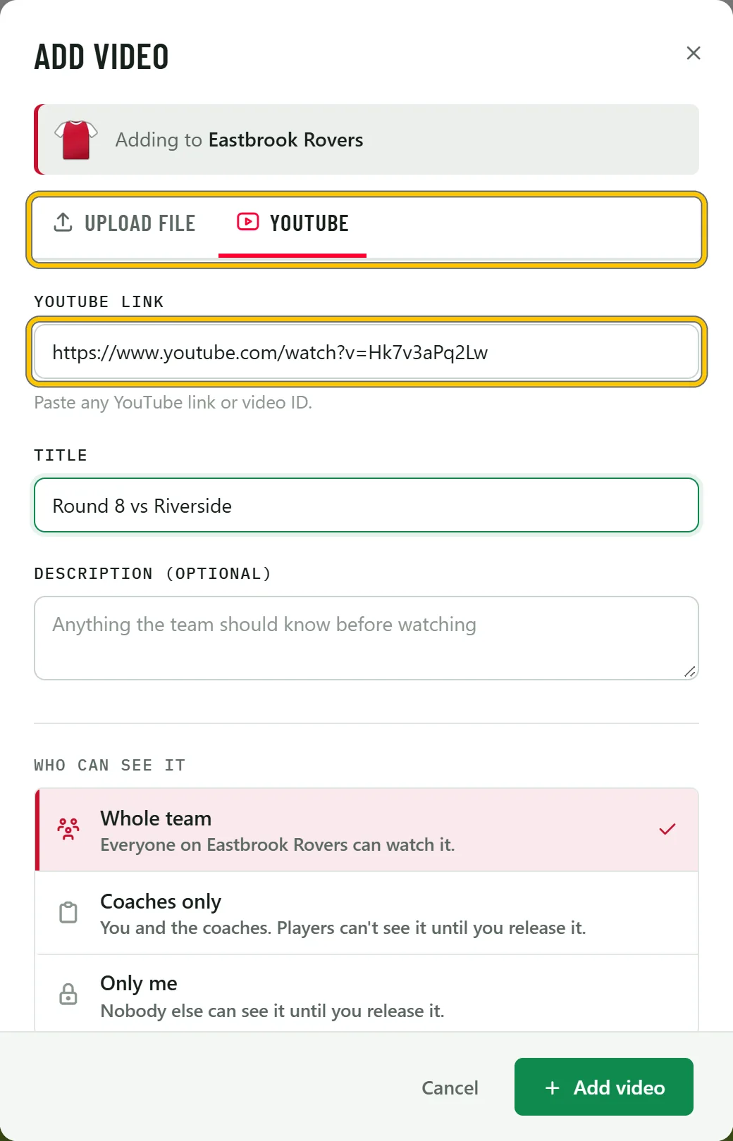 The Add video dialog on the YouTube tab, with a link and a title filled in