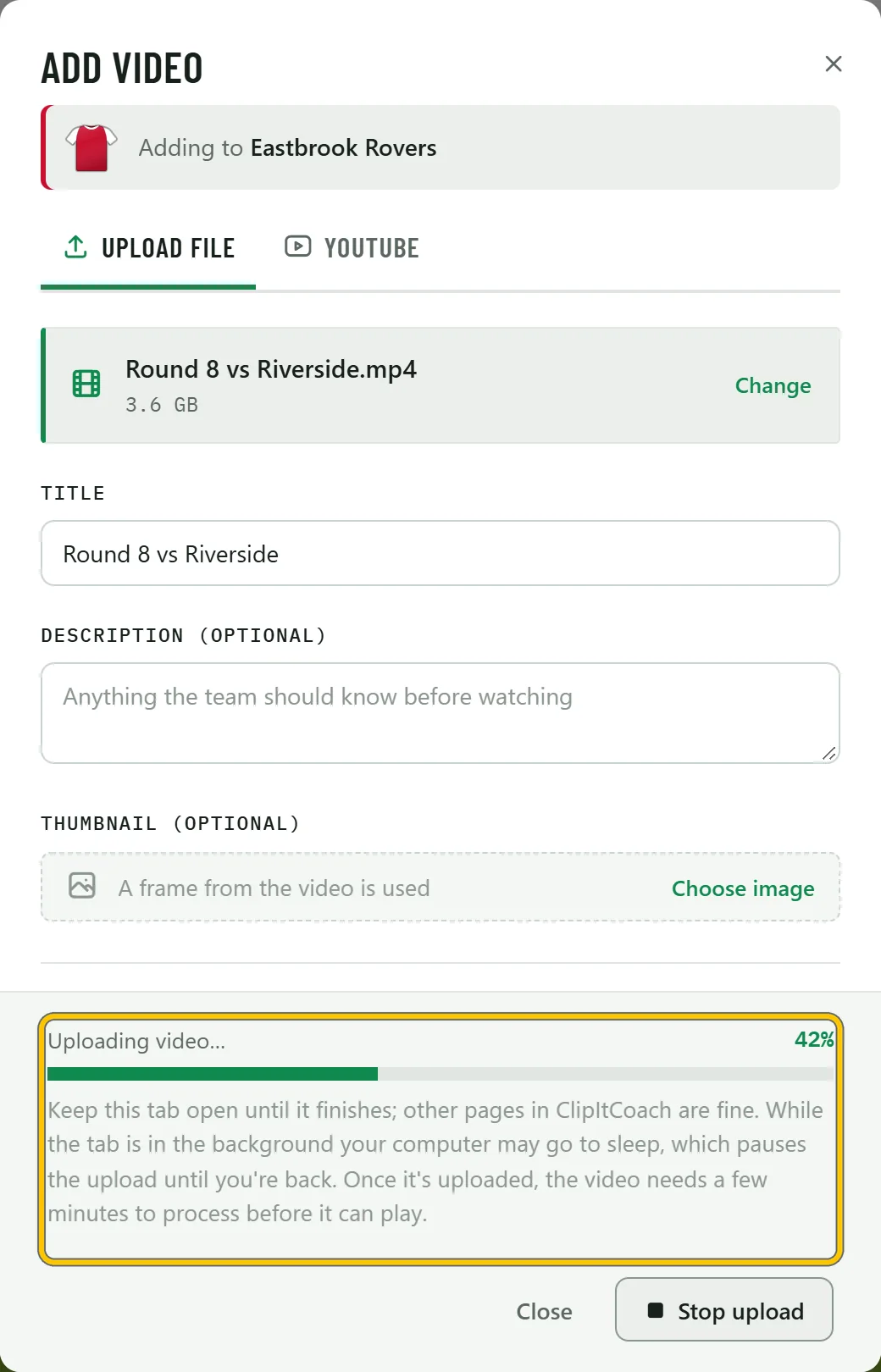The upload at 42 percent, with Close and Stop upload buttons