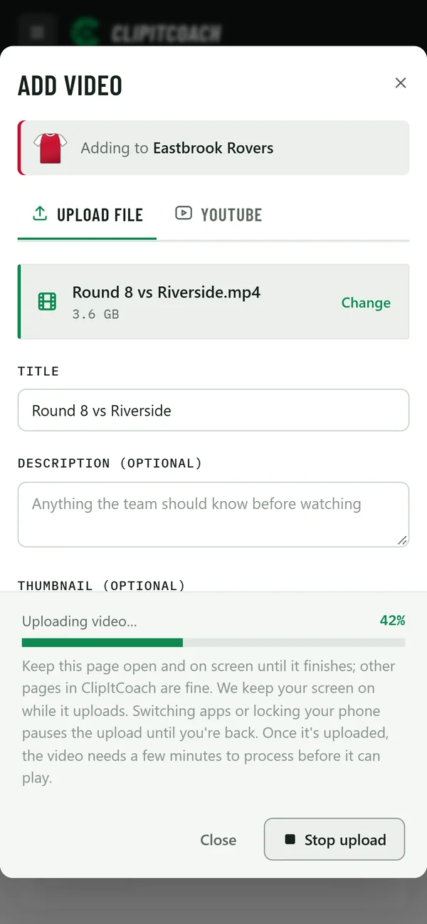 Uploading a match from a phone, 42 percent done