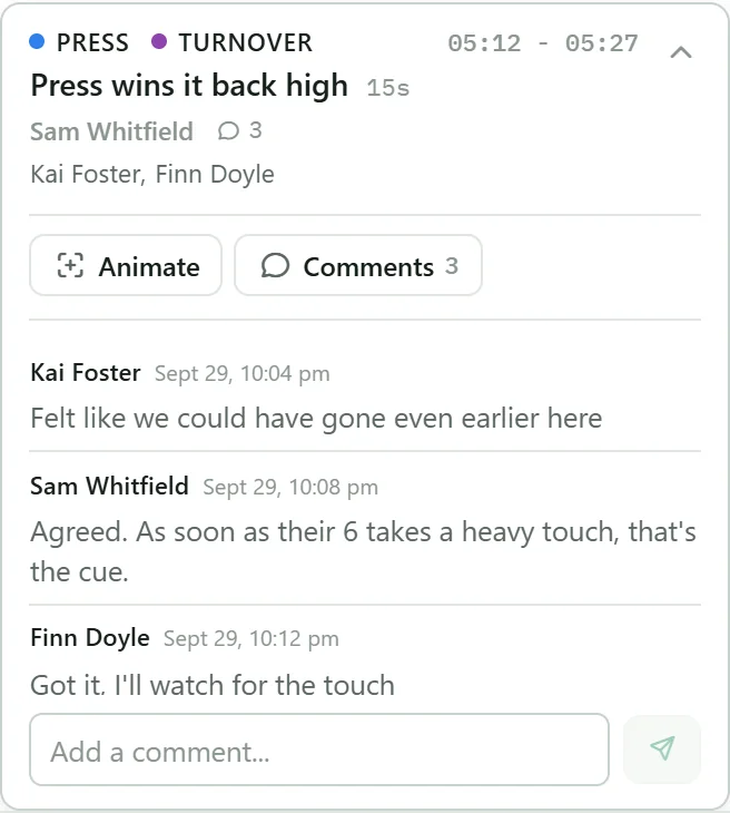 A clip's comment thread: a player says they could have gone earlier and the coach agrees