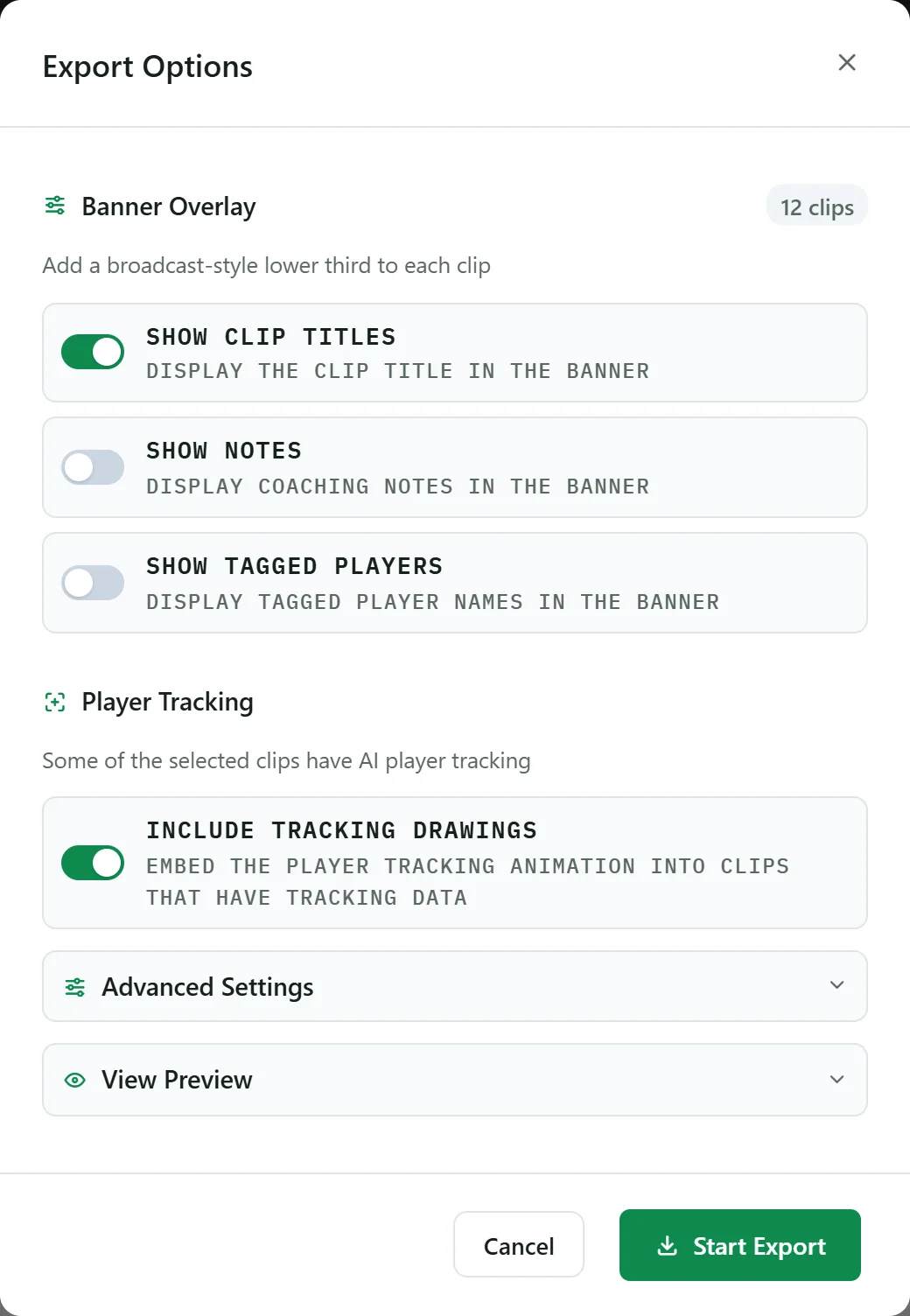 Export options for titles, notes, players, scoreboard and tracking