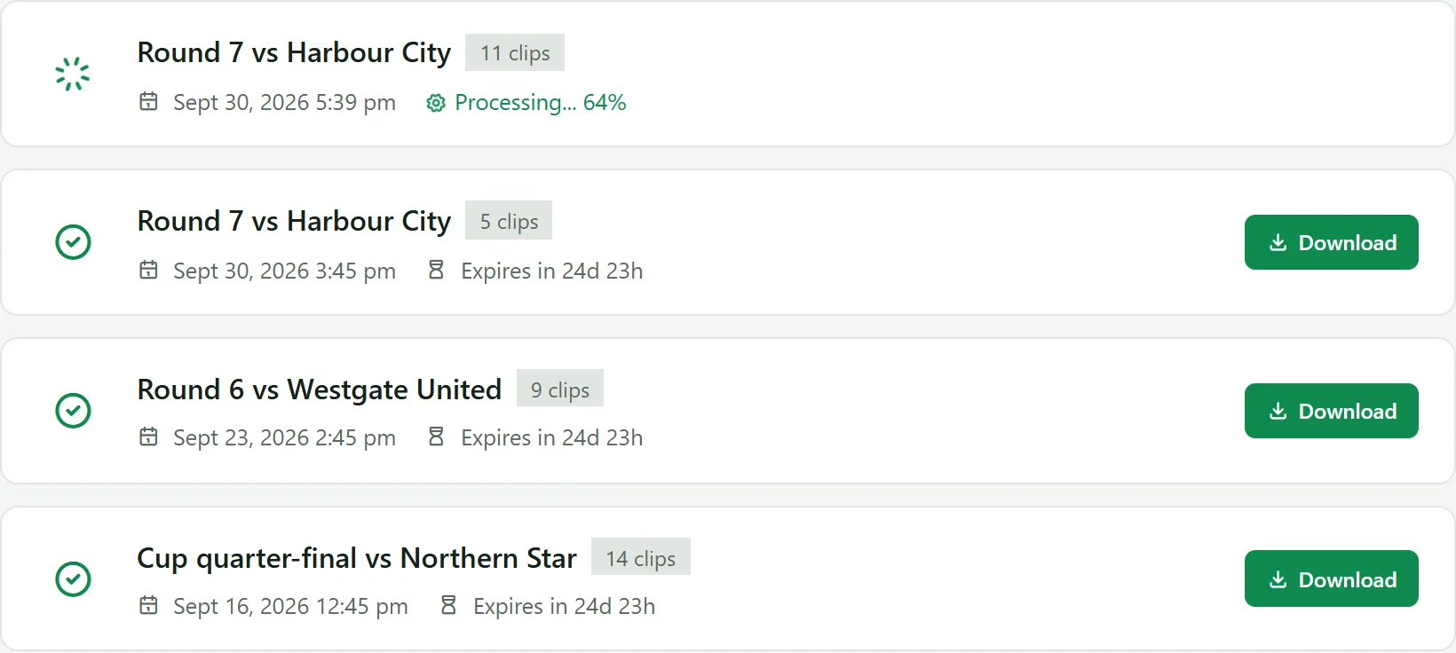 The exports list with one export rendering and three ready to download