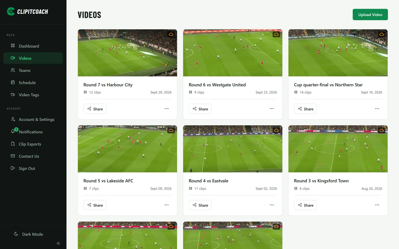 The Videos page with the team's eight matches, each with its clip count