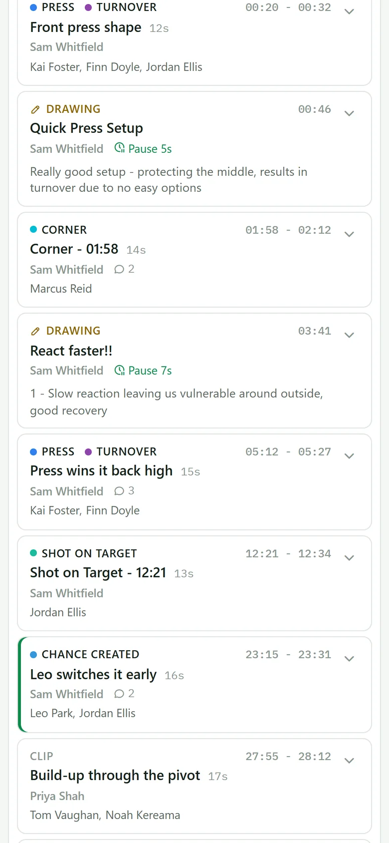 Clips on the watch page, with tags and comment counts