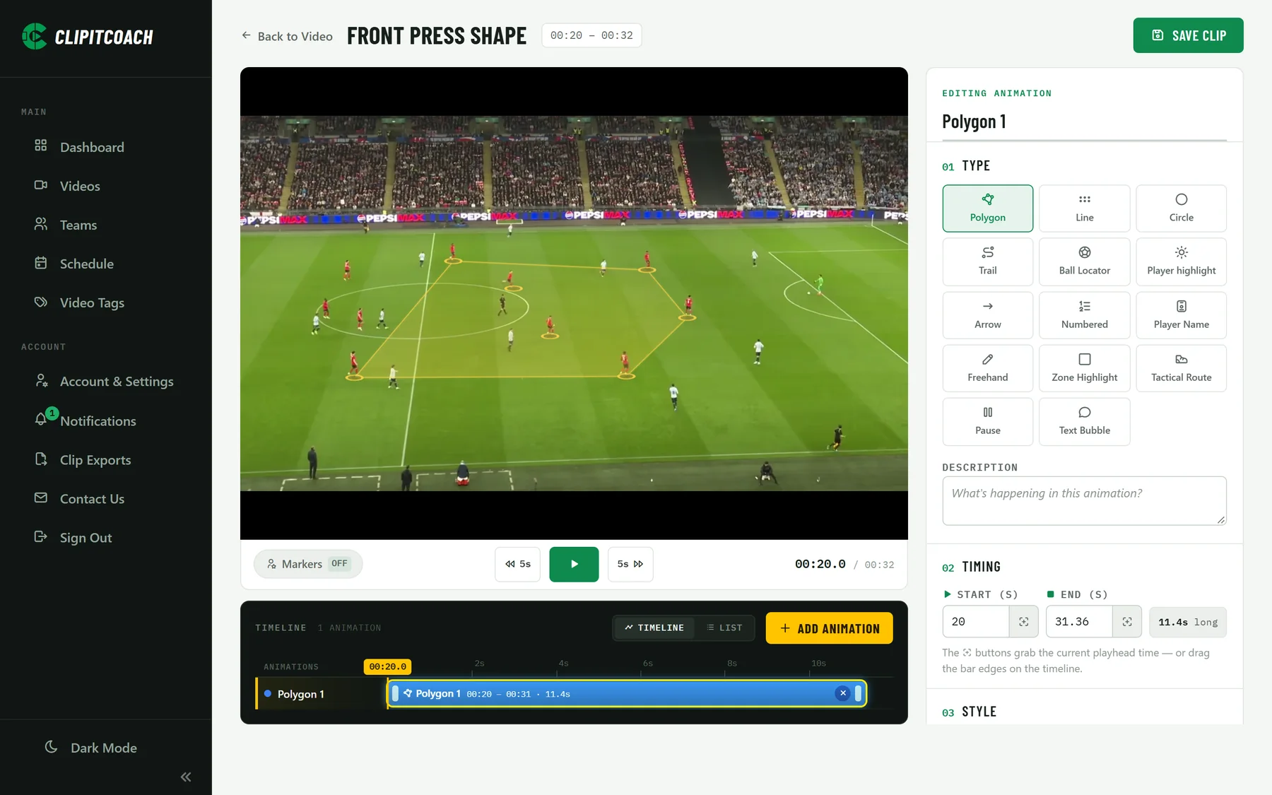 The clip editor with a tracked polygon over the players and a timeline of animations